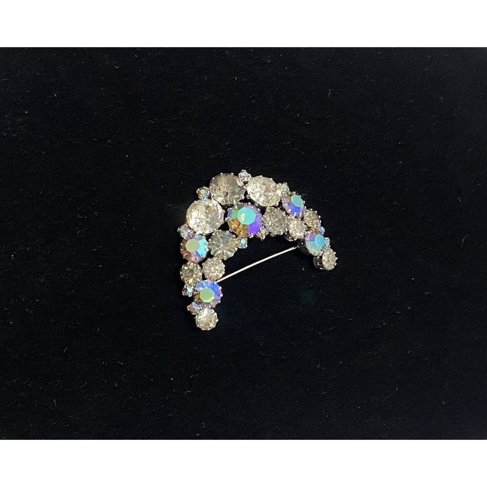 Vintage‎ KARU Arke Blue AB Rhinestone Crescent Moon Brooch Silver Tone Excellent